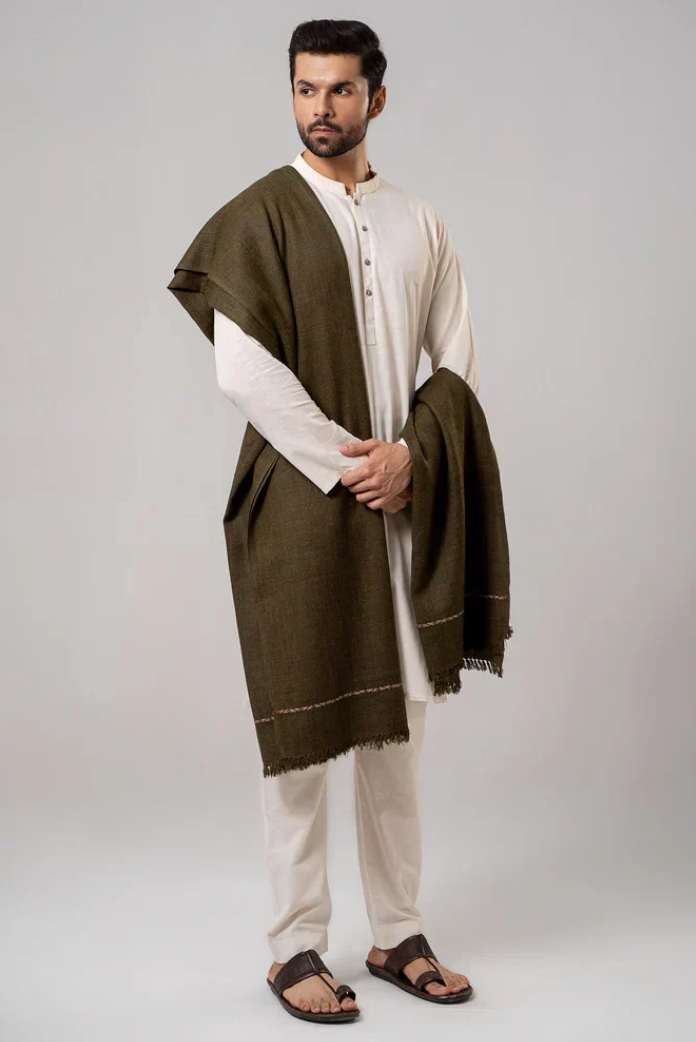 Men's Winter Wool Shawl - Olive Green