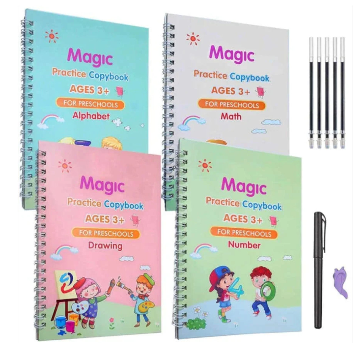 Kids Practice Book Set of 4-Kids learning for Home and school with refill pens